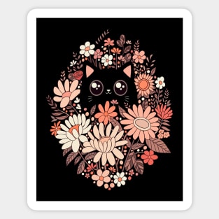 Cute black cat with pink wildflowe Sticker